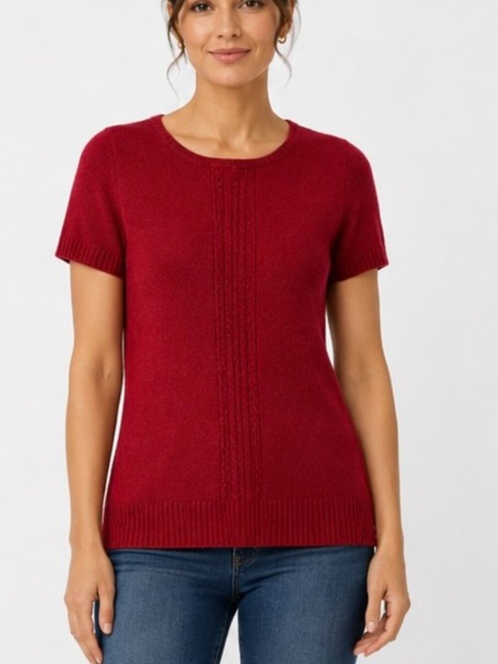 Covington Red Knit Short Sleeve Sweater Top Womens Large Ribbed Trim